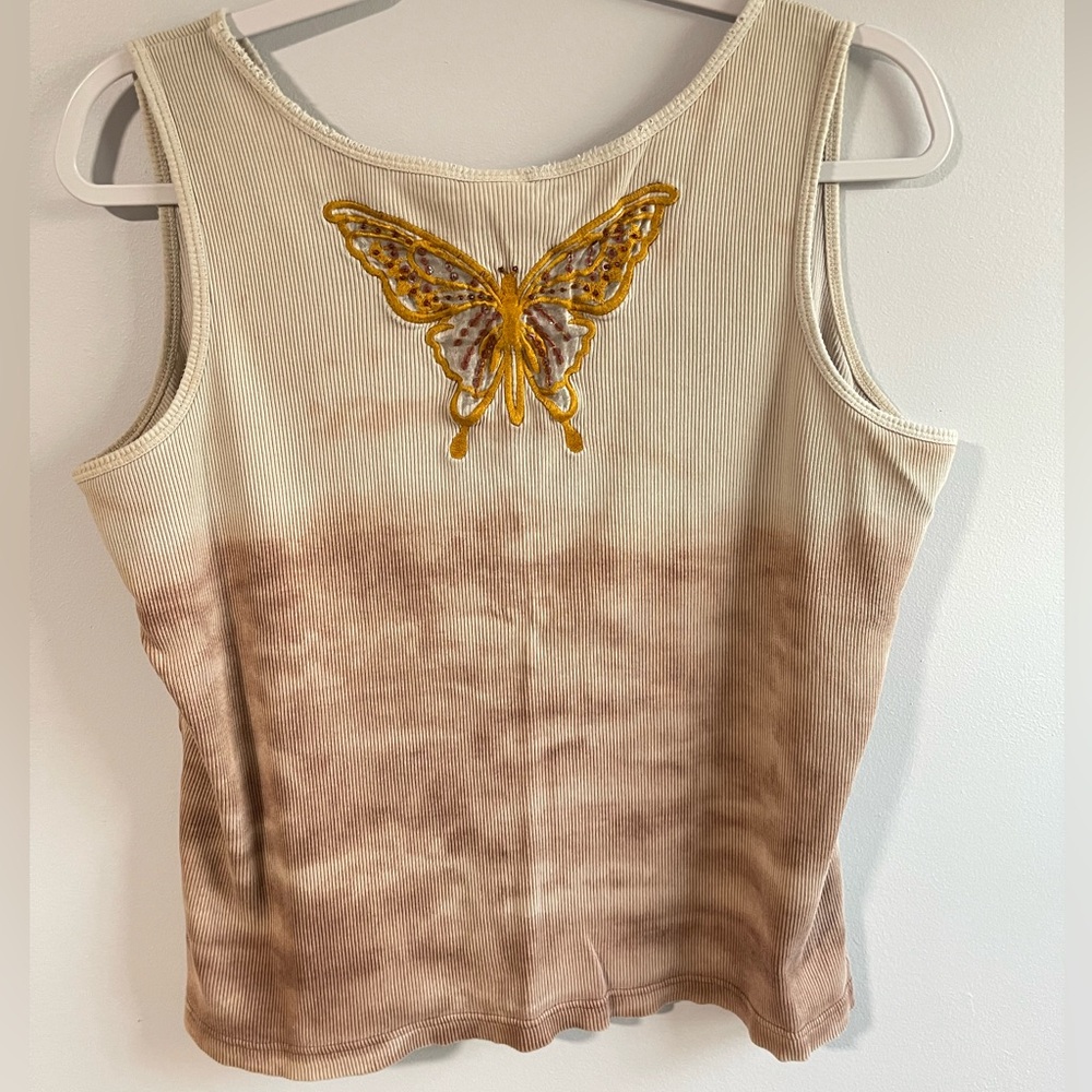 Y2Kred & brown tiedye ribbed tank top ft embellishedbutterfly embroidered design